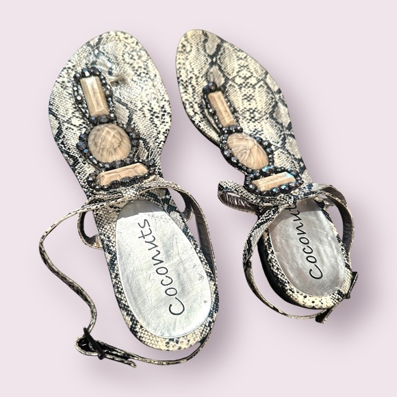 Coconuts Cream and Black Snakeskin Print Sandals with Jewel Details - Picture 2 of 9